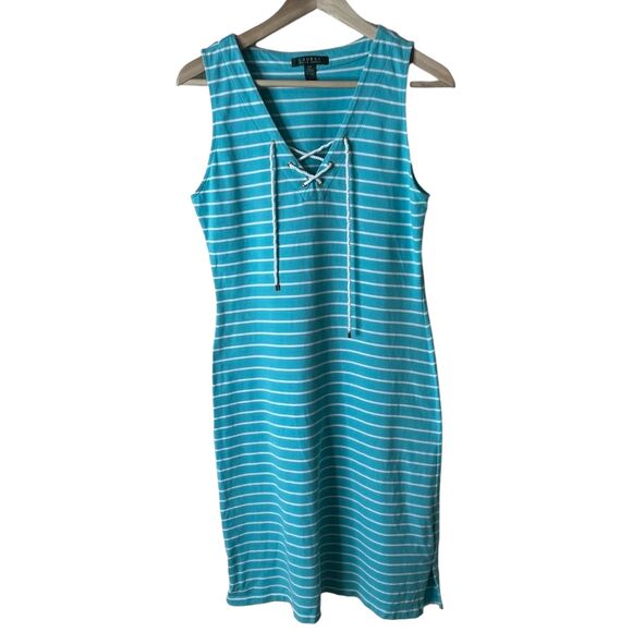 Lauren Ralph Lauren Nautical Striped Lace Up Dress Sz S Blue Beach Cover Up - Picture 1 of 9